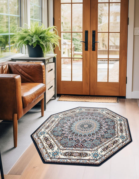 Navy Blue 4' 1 x 4' 1 Narenj Octagon Area Rug 85% Polypropylene & 15% Polyester Traditional Classic Carpet for Living, Dining, Bedrooms, Office for Sale at Rug Engine