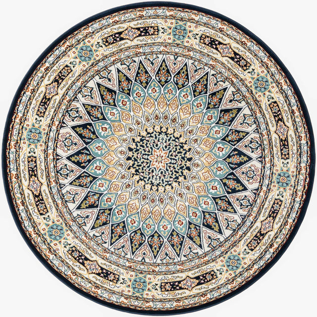 Navy Blue 6' 1 x 6' 1 Narenj Round Area Rug 85% Polypropylene & 15% Polyester Traditional Classic Carpet for Living, Dining, Bedrooms, Office for Sale at Rug Engine
