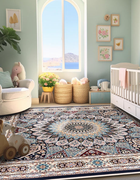 Navy Blue 7' 10 x 7' 10 Narenj Square Area Rug 85% Polypropylene & 15% Polyester Traditional Classic Carpet for Living, Dining, Bedrooms, Office for Sale at Rug Engine