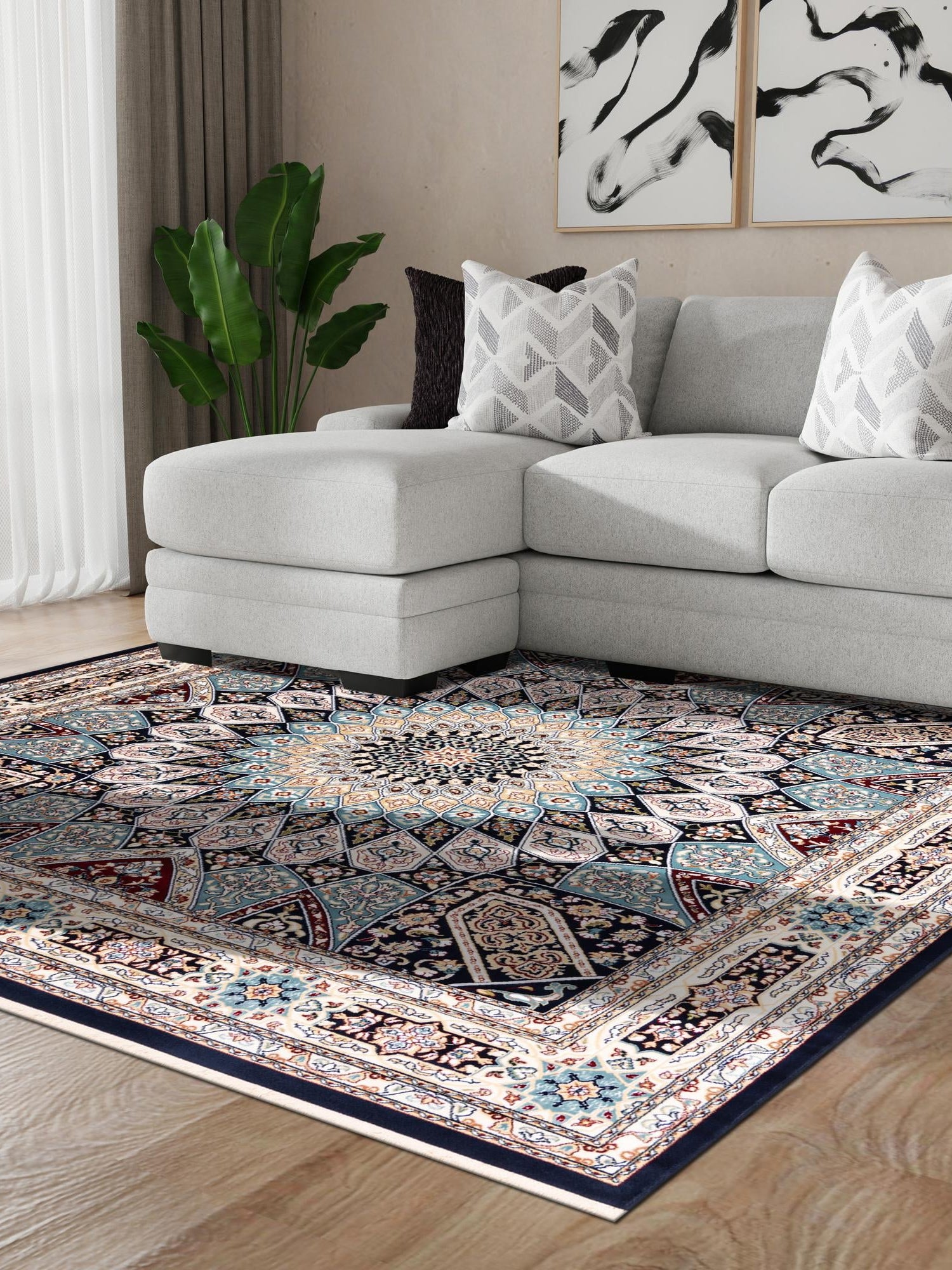 Navy Blue 10' x 10' Narenj Square Area Rug 85% Polypropylene & 15% Polyester Traditional Classic Carpet for Living, Dining, Bedrooms, Office for Sale at Rug Engine