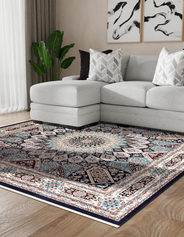 Navy Blue 10' x 10' Narenj Square Area Rug 85% Polypropylene & 15% Polyester Traditional Classic Carpet for Living, Dining, Bedrooms, Office for Sale at Rug Engine