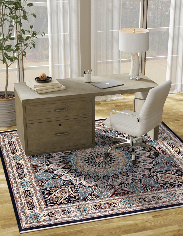 Navy Blue 7' 10 x 7' 10 Narenj Square Area Rug 85% Polypropylene & 15% Polyester Traditional Classic Carpet for Living, Dining, Bedrooms, Office for Sale at Rug Engine