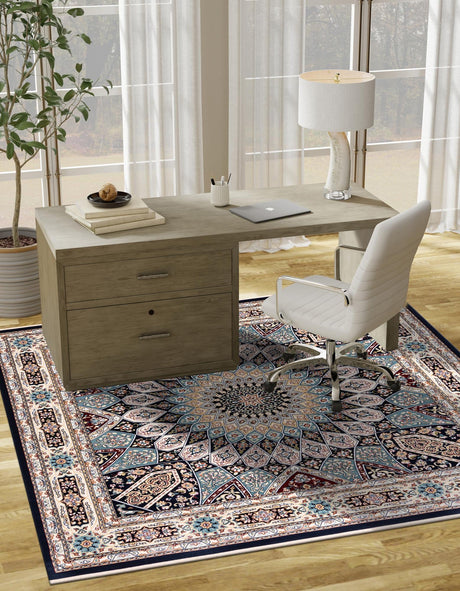 Navy Blue 10' x 10' Narenj Square Area Rug 85% Polypropylene & 15% Polyester Traditional Classic Carpet for Living, Dining, Bedrooms, Office for Sale at Rug Engine