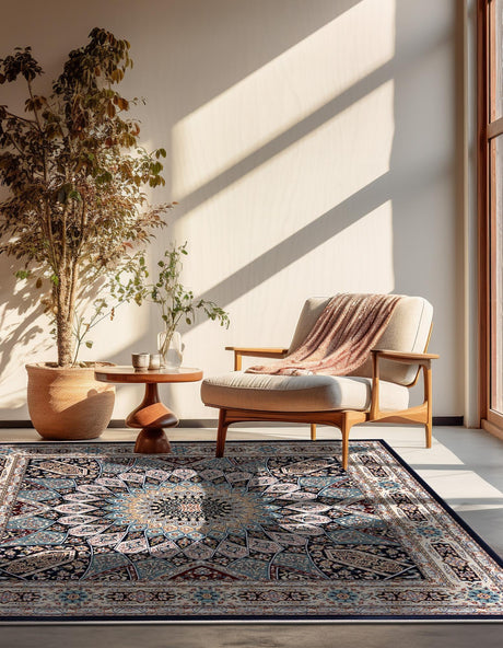 Navy Blue 6' 1 x 6' 1 Narenj Square Area Rug 85% Polypropylene & 15% Polyester Traditional Classic Carpet for Living, Dining, Bedrooms, Office for Sale at Rug Engine