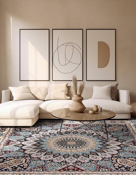 Navy Blue 7' 10 x 7' 10 Narenj Square Area Rug 85% Polypropylene & 15% Polyester Traditional Classic Carpet for Living, Dining, Bedrooms, Office for Sale at Rug Engine