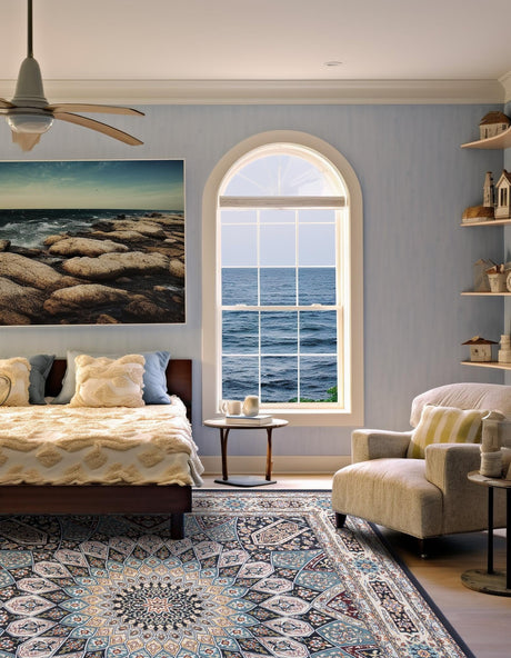 Navy Blue 7' 10 x 7' 10 Narenj Square Area Rug 85% Polypropylene & 15% Polyester Traditional Classic Carpet for Living, Dining, Bedrooms, Office for Sale at Rug Engine