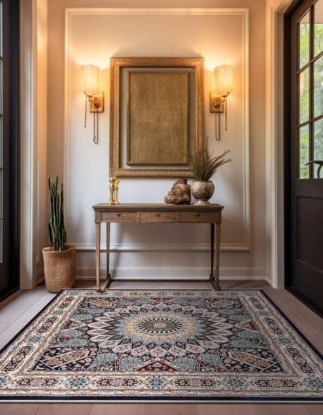 Navy Blue 7' 10 x 7' 10 Narenj Square Area Rug 85% Polypropylene & 15% Polyester Traditional Classic Carpet for Living, Dining, Bedrooms, Office for Sale at Rug Engine