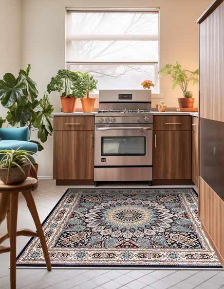 Navy Blue 7' 10 x 7' 10 Narenj Square Area Rug 85% Polypropylene & 15% Polyester Traditional Classic Carpet for Living, Dining, Bedrooms, Office for Sale at Rug Engine