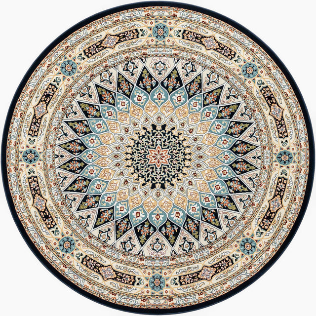 Navy Blue 7' 1 x 7' 1 Narenj Round Area Rug 85% Polypropylene & 15% Polyester Traditional Classic Carpet for Living, Dining, Bedrooms, Office for Sale at Rug Engine