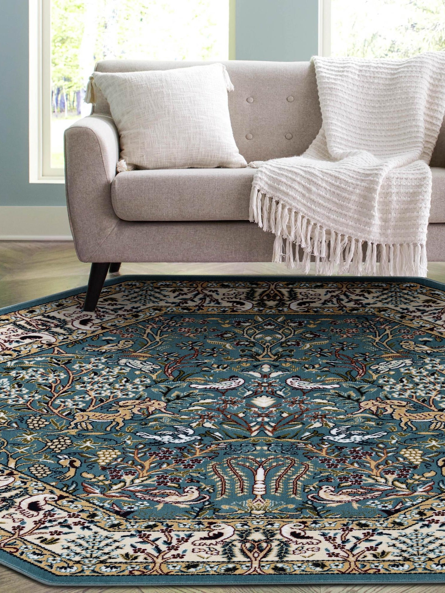 Blue 4' 1 x 4' 1 Narenj Octagon Area Rug 85% Polypropylene & 15% Polyester Traditional Classic Carpet for Living, Dining, Bedrooms, Office for Sale at Rug Engine