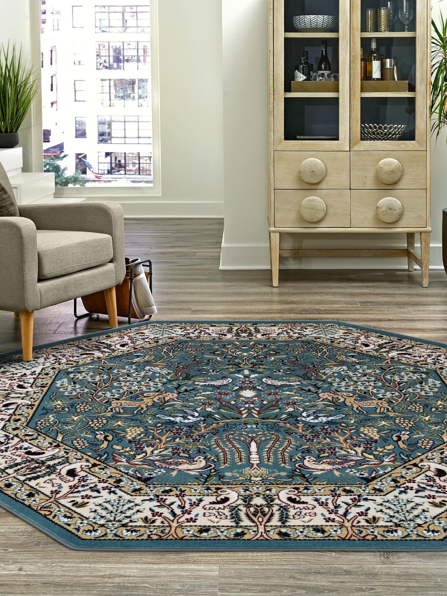 Blue 3' 1 x 3' 1 Narenj Octagon Area Rug 85% Polypropylene & 15% Polyester Traditional Classic Carpet for Living, Dining, Bedrooms, Office for Sale at Rug Engine