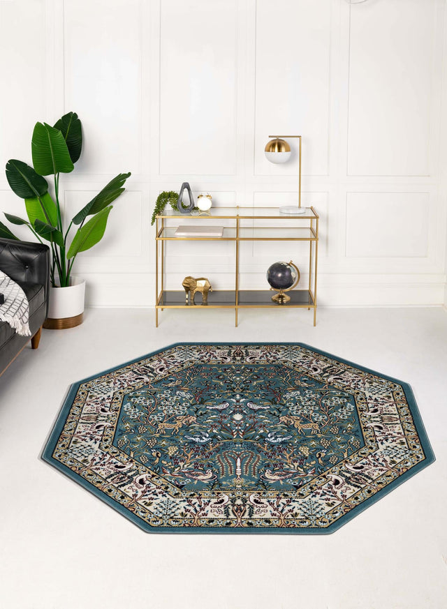 Blue 6' 1 x 6' 1 Narenj Octagon Area Rug 85% Polypropylene & 15% Polyester Traditional Classic Carpet for Living, Dining, Bedrooms, Office for Sale at Rug Engine
