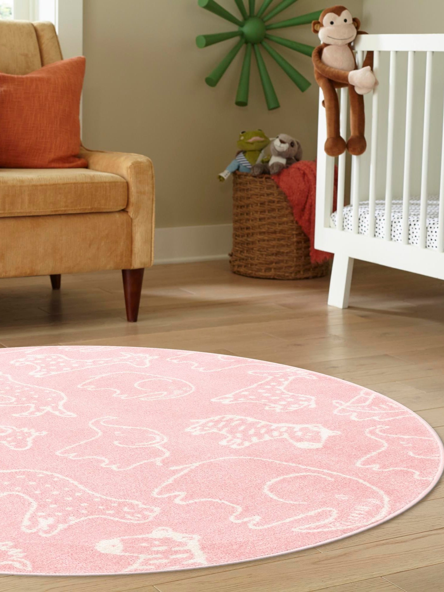 Pink 7' 10 x 7' 10 Whimsy Kids Round Area Rug for Baby Nursery, Toddler Playroom, Bedrooms