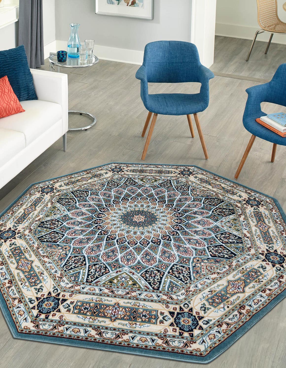 Blue 3' 1 x 3' 1 Narenj Octagon Area Rug 85% Polypropylene & 15% Polyester Traditional Classic Carpet for Living, Dining, Bedrooms, Office for Sale at Rug Engine