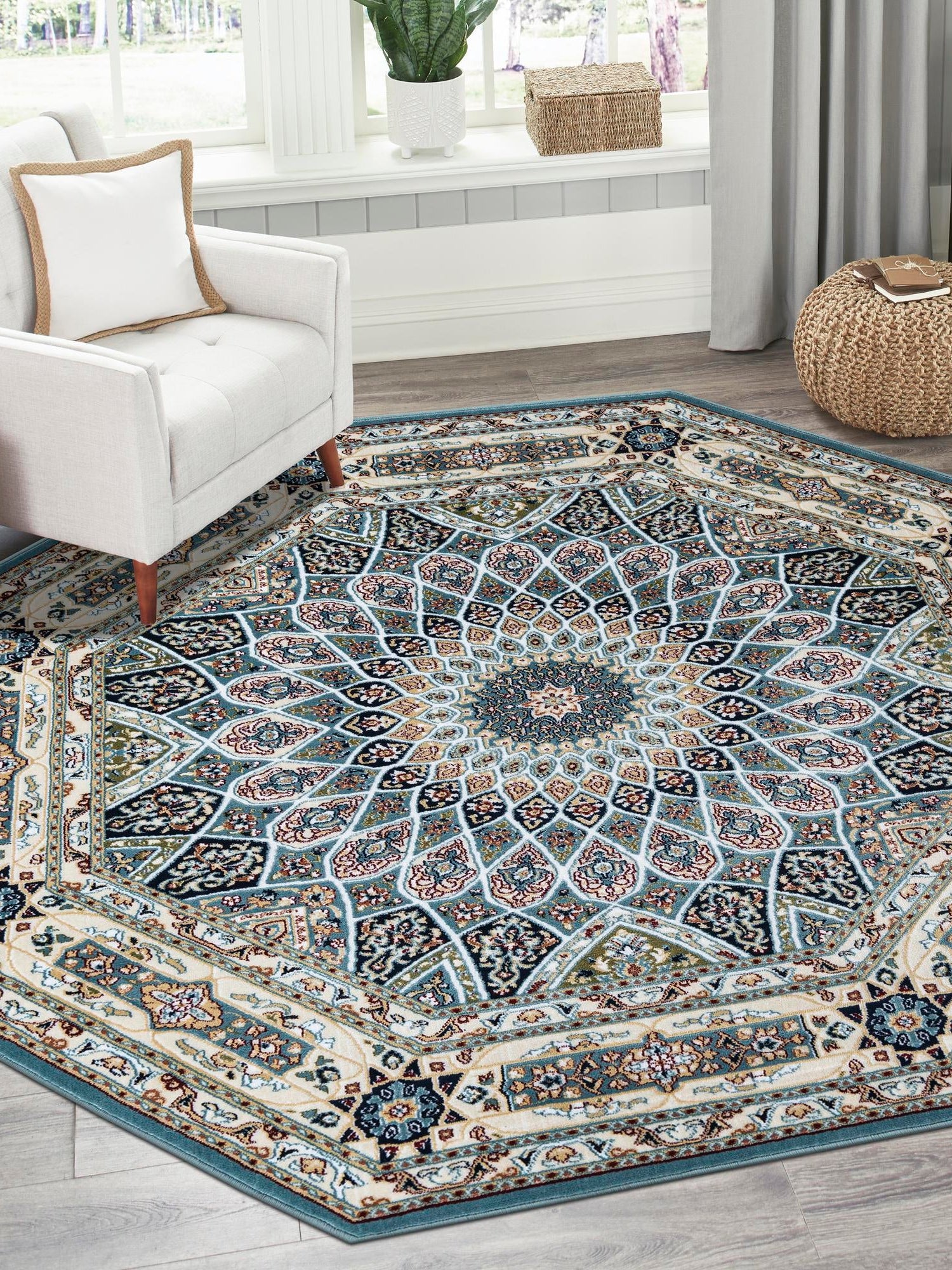 Blue 6' 1 x 6' 1 Narenj Octagon Area Rug 85% Polypropylene & 15% Polyester Traditional Classic Carpet for Living, Dining, Bedrooms, Office for Sale at Rug Engine