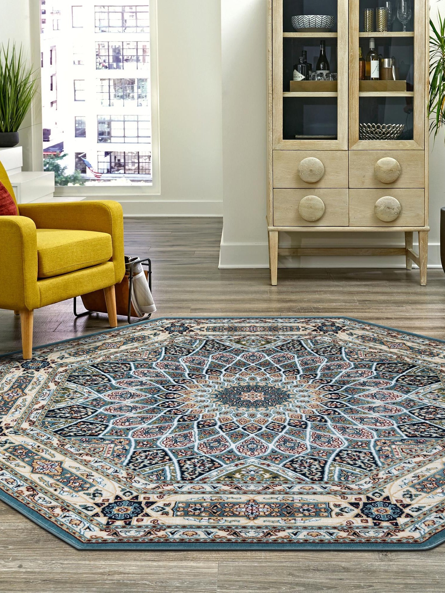 Blue 3' 1 x 3' 1 Narenj Octagon Area Rug 85% Polypropylene & 15% Polyester Traditional Classic Carpet for Living, Dining, Bedrooms, Office for Sale at Rug Engine