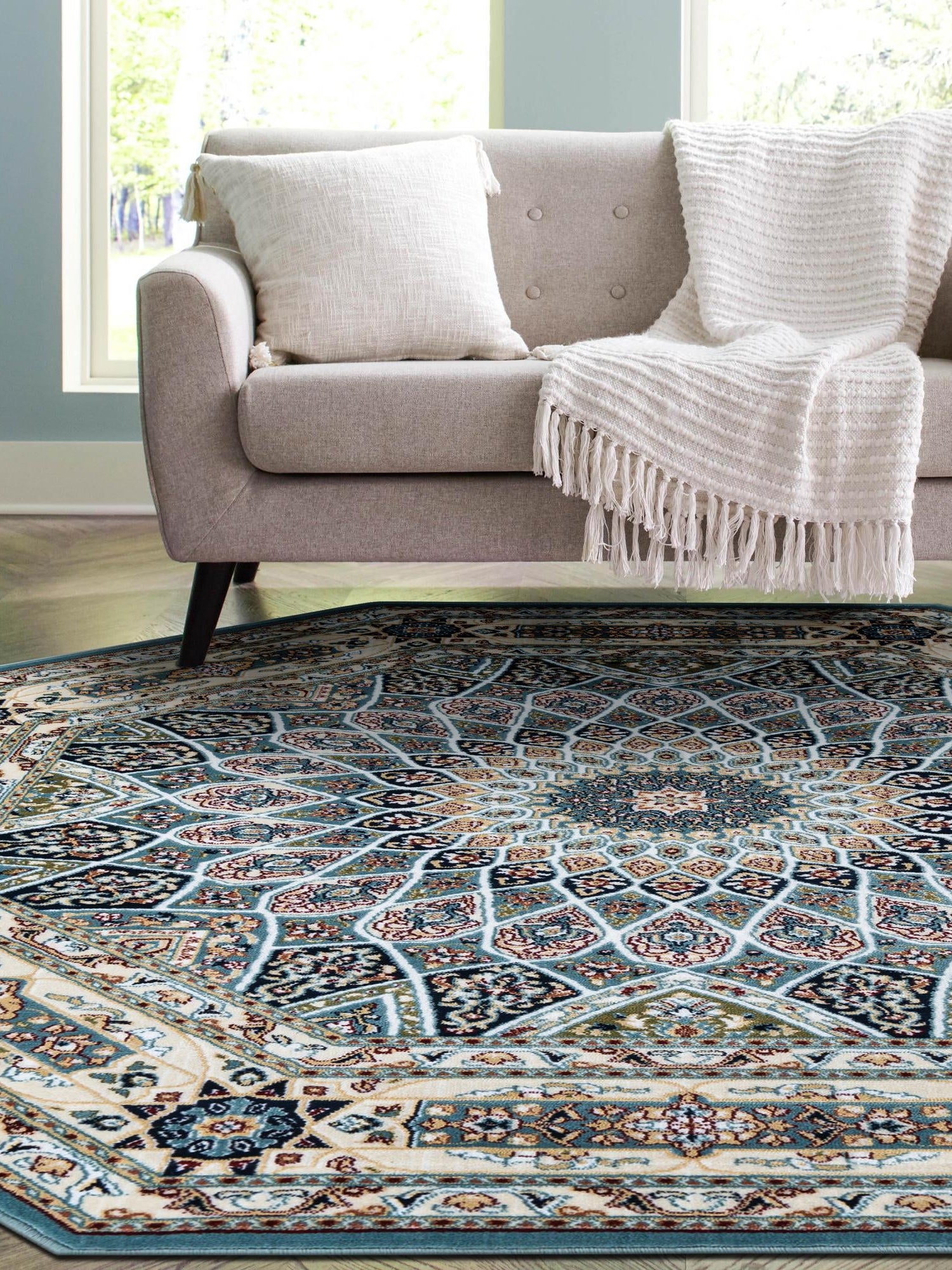 Blue 3' 1 x 3' 1 Narenj Octagon Area Rug 85% Polypropylene & 15% Polyester Traditional Classic Carpet for Living, Dining, Bedrooms, Office for Sale at Rug Engine
