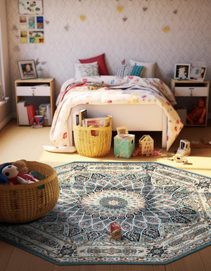 Blue 4' 1 x 4' 1 Narenj Octagon Area Rug 85% Polypropylene & 15% Polyester Traditional Classic Carpet for Living, Dining, Bedrooms, Office for Sale at Rug Engine