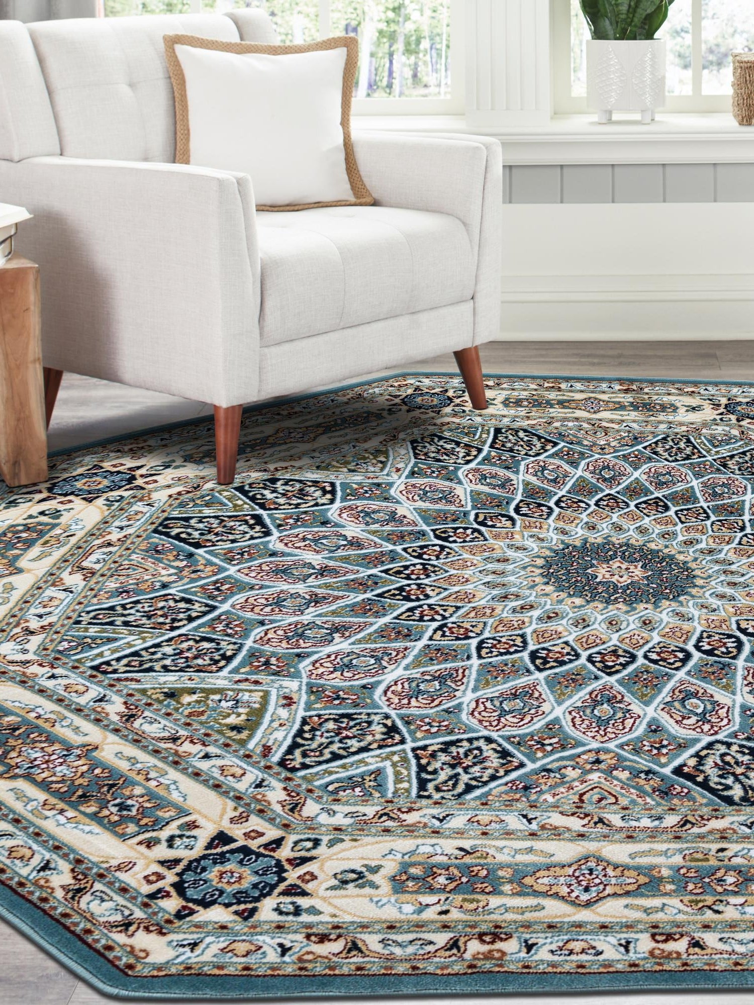Blue 6' 1 x 6' 1 Narenj Octagon Area Rug 85% Polypropylene & 15% Polyester Traditional Classic Carpet for Living, Dining, Bedrooms, Office for Sale at Rug Engine
