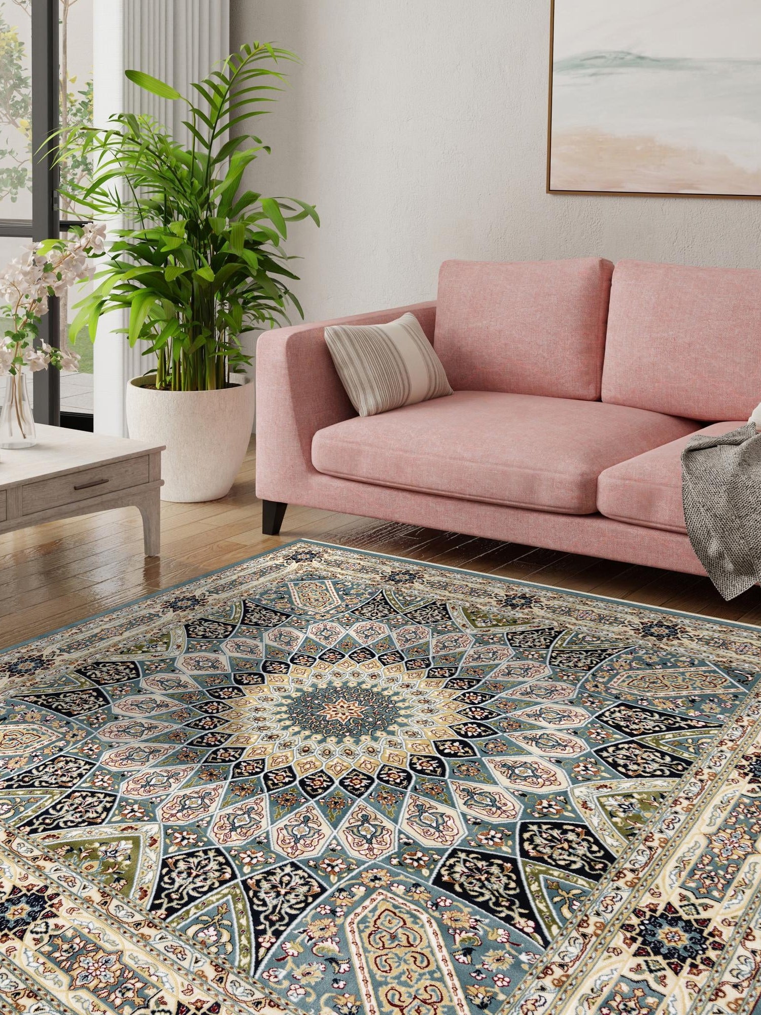 Blue 6' 1 x 6' 1 Narenj Square Area Rug 85% Polypropylene & 15% Polyester Traditional Classic Carpet for Living, Dining, Bedrooms, Office for Sale at Rug Engine