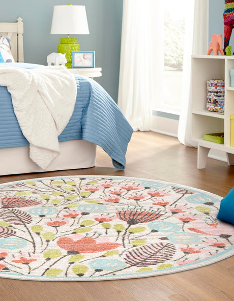 Ivory 5' 3 x 5' 3 Whimsy Kids Round Area Rug for Baby Nursery, Toddler Playroom, Bedrooms