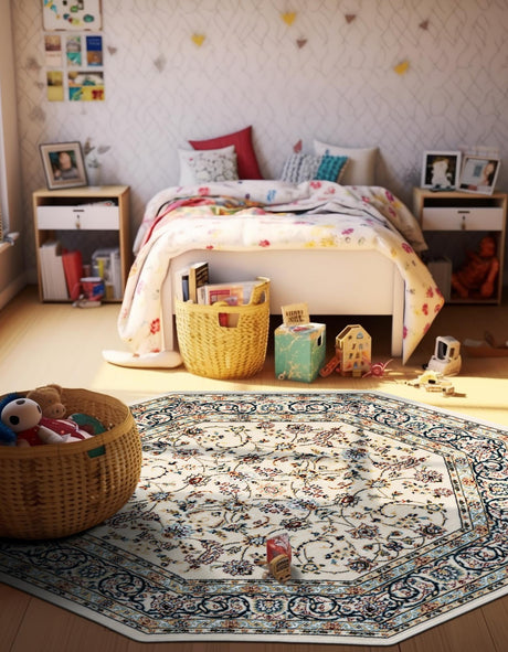 Ivory 4' 1 x 4' 1 Narenj Octagon Area Rug 85% Polypropylene & 15% Polyester Traditional Classic Carpet for Living, Dining, Bedrooms, Office for Sale at Rug Engine
