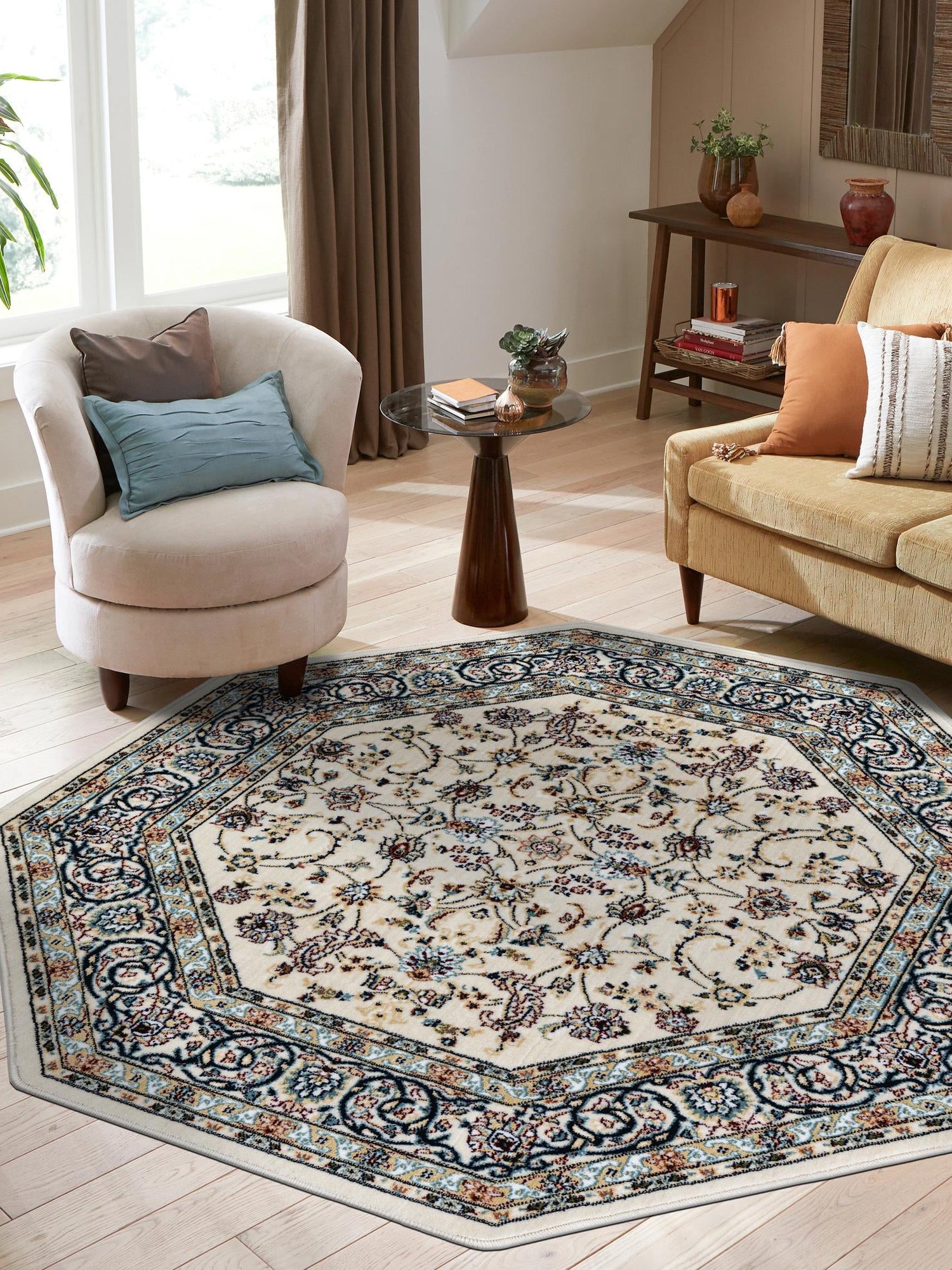 Ivory 4' 1 x 4' 1 Narenj Octagon Area Rug 85% Polypropylene & 15% Polyester Traditional Classic Carpet for Living, Dining, Bedrooms, Office for Sale at Rug Engine