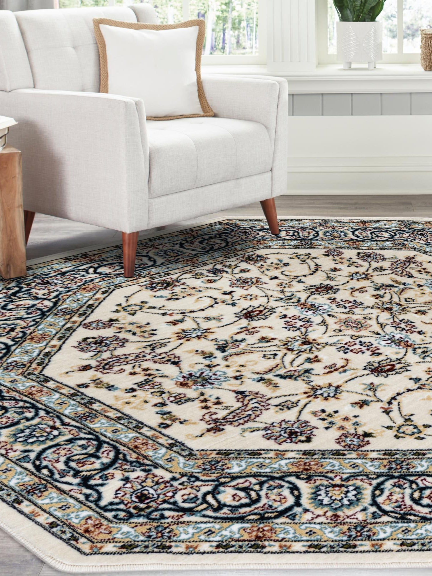 Ivory 4' 1 x 4' 1 Narenj Octagon Area Rug 85% Polypropylene & 15% Polyester Traditional Classic Carpet for Living, Dining, Bedrooms, Office for Sale at Rug Engine