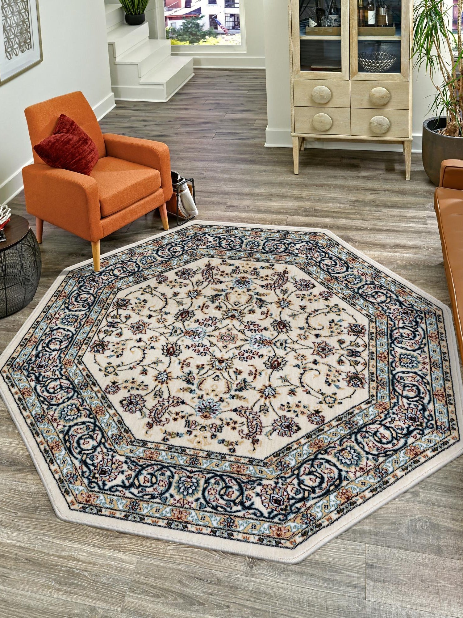 Ivory 4' 1 x 4' 1 Narenj Octagon Area Rug 85% Polypropylene & 15% Polyester Traditional Classic Carpet for Living, Dining, Bedrooms, Office for Sale at Rug Engine