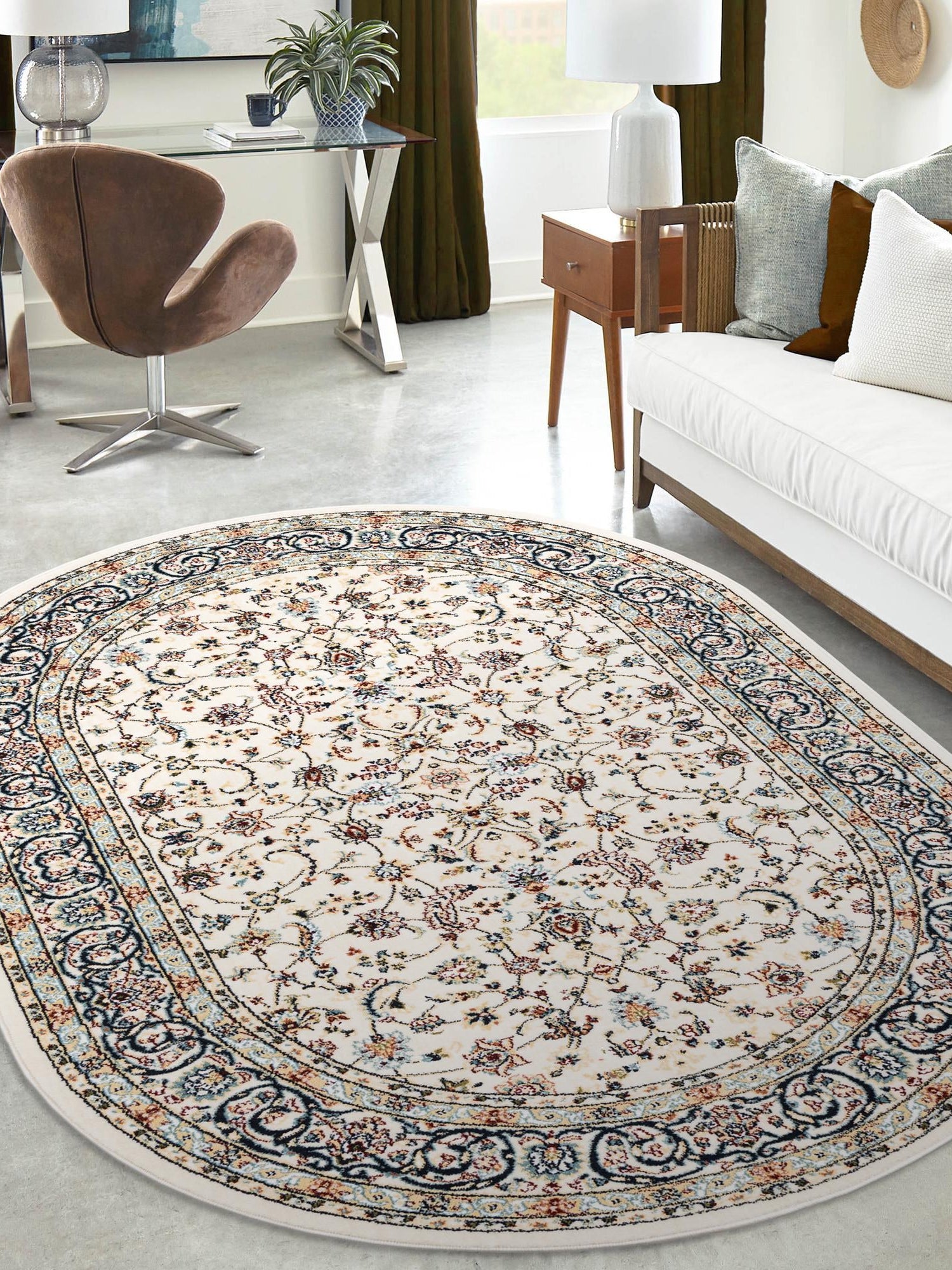 Ivory 4' 1 x 6' 1 Narenj Oval Area Rug 85% Polypropylene & 15% Polyester Traditional Classic Carpet for Living, Dining, Bedrooms, Office for Sale at Rug Engine