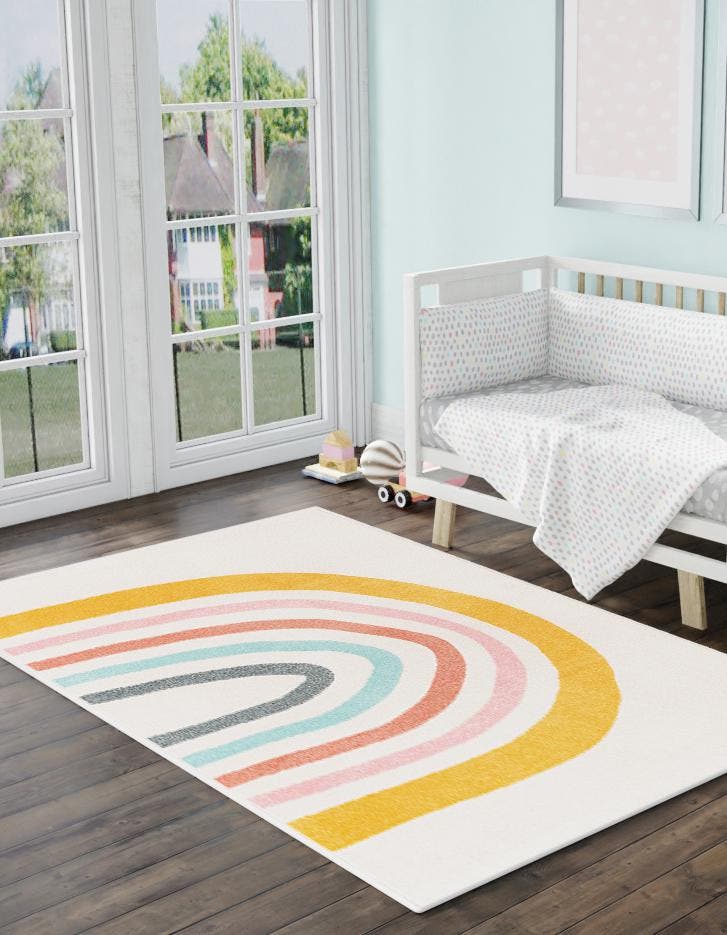 Ivory 6' 1 x 9' Whimsy Kids Rectangle Area Rug for Baby Nursery, Toddler Playroom,  Bedrooms Playful Fun Design Easy Clean Carpet for Sale at Rug Engine