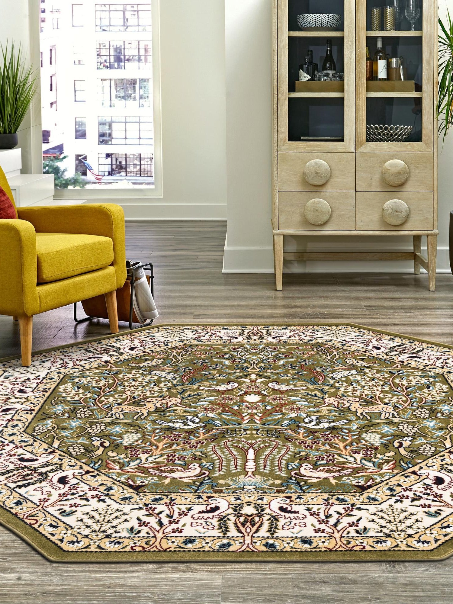 Green 3' 1 x 3' 1 Narenj Octagon Area Rug 85% Polypropylene & 15% Polyester Traditional Classic Carpet for Living, Dining, Bedrooms, Office for Sale at Rug Engine