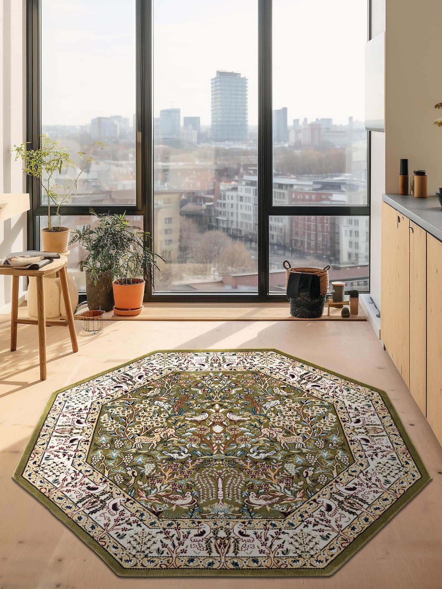 Green 6' 1 x 6' 1 Narenj Octagon Area Rug 85% Polypropylene & 15% Polyester Traditional Classic Carpet for Living, Dining, Bedrooms, Office for Sale at Rug Engine