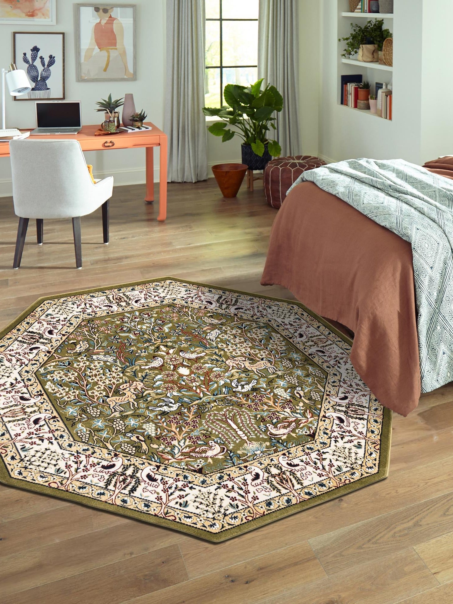 Green 6' 1 x 6' 1 Narenj Octagon Area Rug 85% Polypropylene & 15% Polyester Traditional Classic Carpet for Living, Dining, Bedrooms, Office for Sale at Rug Engine