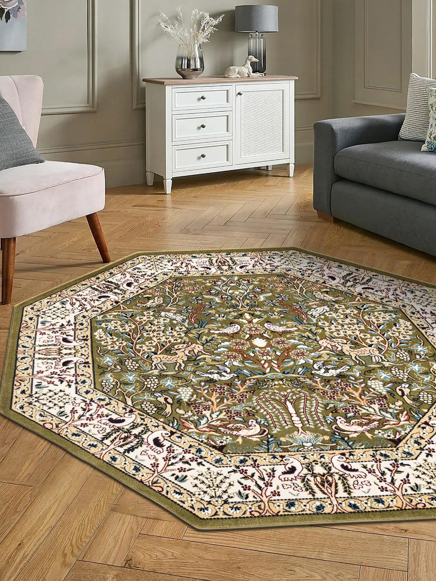 Green 6' 1 x 6' 1 Narenj Octagon Area Rug 85% Polypropylene & 15% Polyester Traditional Classic Carpet for Living, Dining, Bedrooms, Office for Sale at Rug Engine