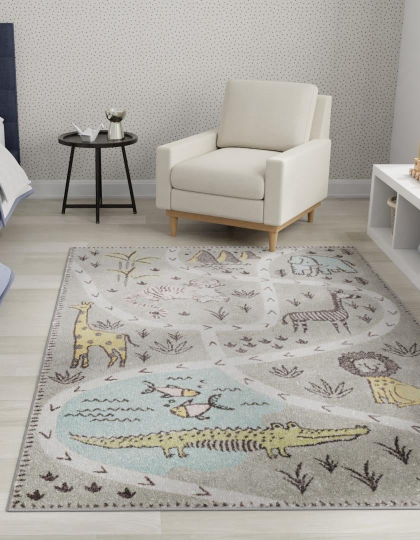 Gray 3' 3 x 5' 3 Whimsy Kids Rectangle Area Rug for Baby Nursery, Toddler Playroom,  Bedrooms Playful Fun Design Easy Clean Carpet for Sale at Rug Engine