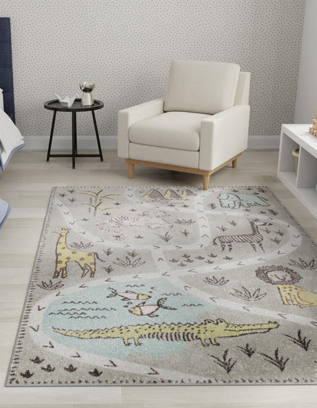 Gray 5' 3 x 8' Whimsy Kids Rectangle Area Rug for Baby Nursery, Toddler Playroom,  Bedrooms Playful Fun Design Easy Clean Carpet for Sale at Rug Engine