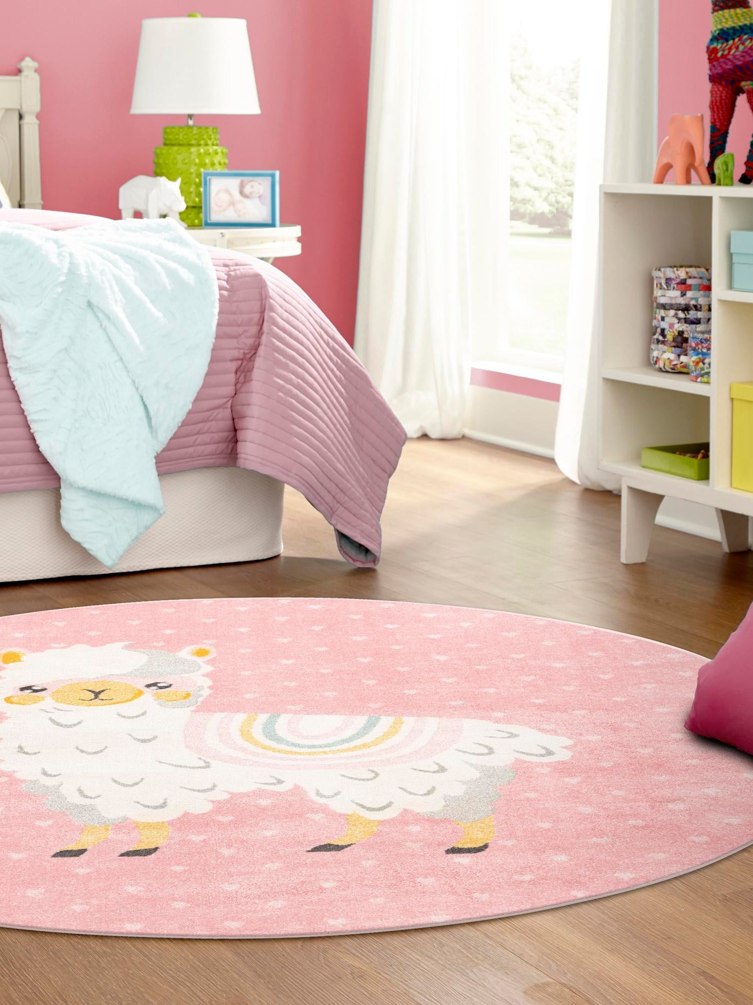 Pink 7' 10 x 7' 10 Whimsy Kids Round Area Rug for Baby Nursery, Toddler Playroom, Bedrooms