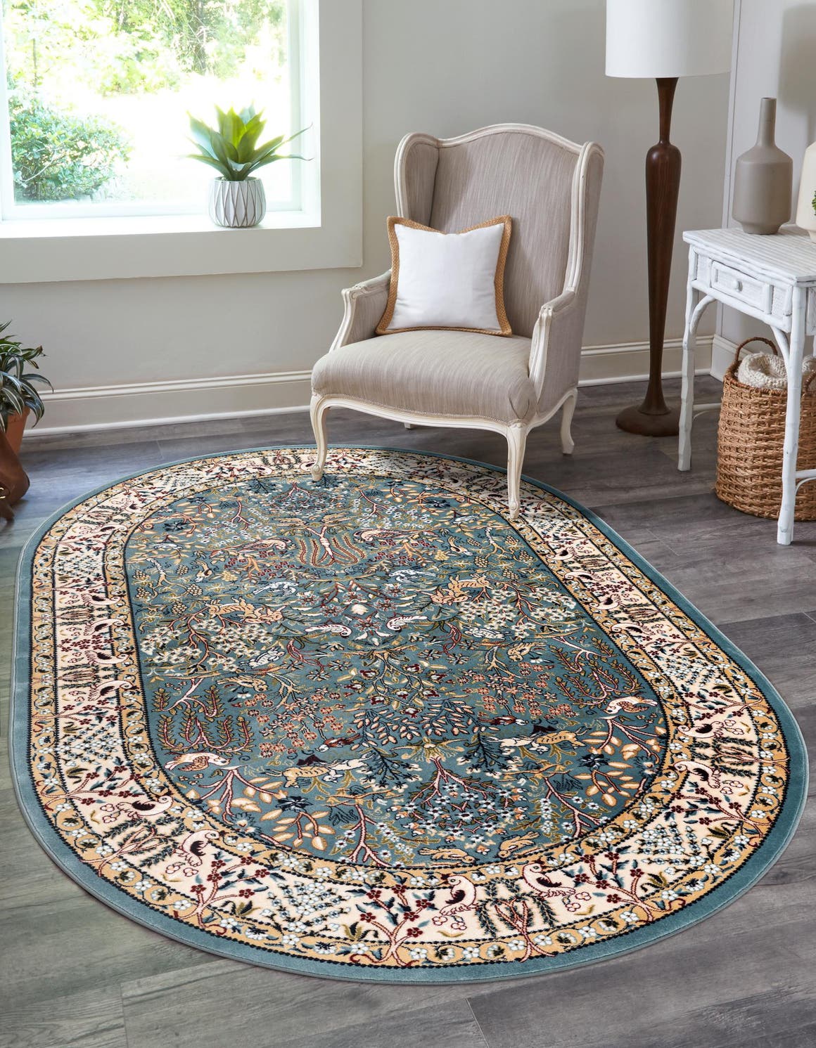 Blue 5' 3 x 8' Narenj Oval Area Rug 85% Polypropylene & 15% Polyester Traditional Classic Carpet for Living, Dining, Bedrooms, Office for Sale at Rug Engine
