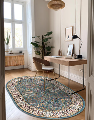 Blue 5' 3 x 8' Narenj Oval Area Rug 85% Polypropylene & 15% Polyester Traditional Classic Carpet for Living, Dining, Bedrooms, Office for Sale at Rug Engine