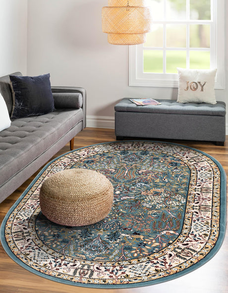 Blue 5' 3 x 8' Narenj Oval Area Rug 85% Polypropylene & 15% Polyester Traditional Classic Carpet for Living, Dining, Bedrooms, Office for Sale at Rug Engine