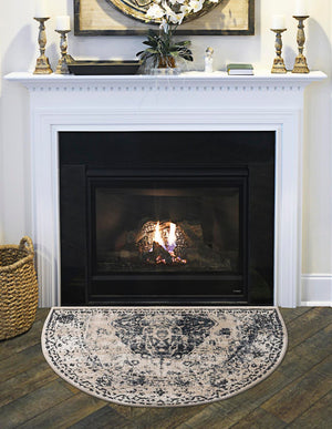 Dark Blue 2' x 3' 1 Chateau Hearth Half-Round Semicircle Area Rug 85% Polypropylene & 15% Chenille With Cotton Backing Traditional Vintage Distressed Carpet for Classical Interior Design Decorating for Sale at Rug Engine