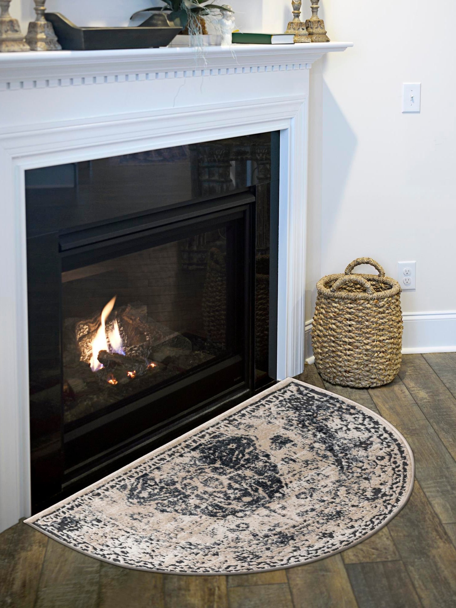 Dark Blue 2' x 3' 1 Chateau Hearth Half-Round Semicircle Area Rug 85% Polypropylene & 15% Chenille With Cotton Backing Traditional Vintage Distressed Carpet for Classical Interior Design Decorating for Sale at Rug Engine