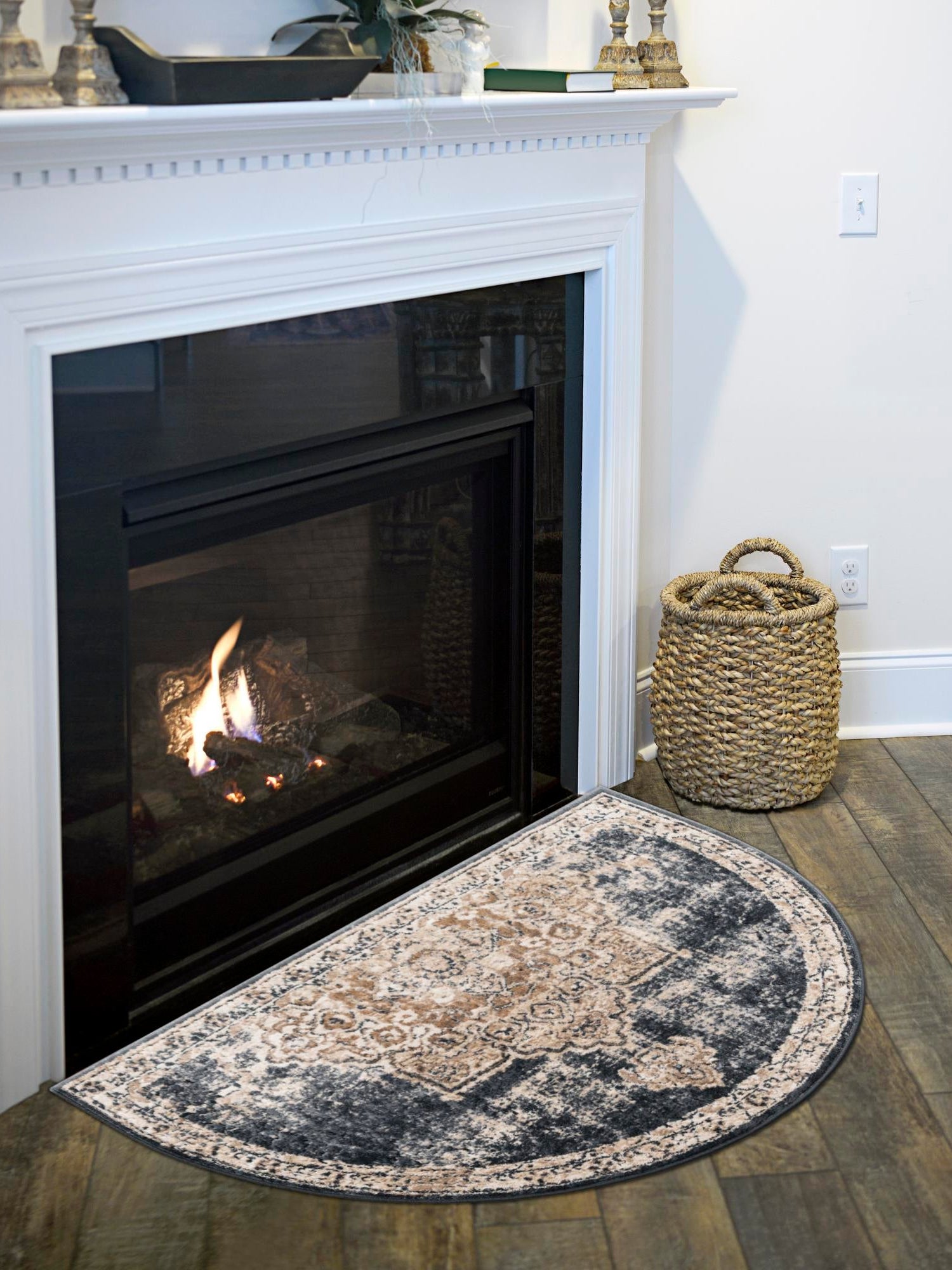 Dark Blue 2' x 3' 1 Chateau Hearth Half-Round Semicircle Area Rug 85% Polypropylene & 15% Chenille With Cotton Backing Traditional Vintage Distressed Carpet for Classical Interior Design Decorating for Sale at Rug Engine