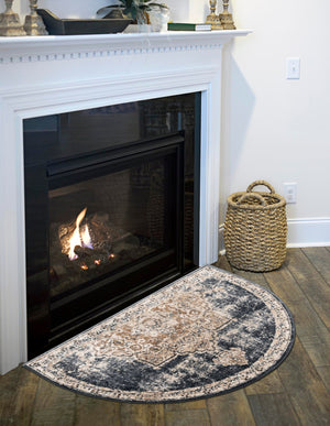 Dark Blue 2' x 3' 1 Chateau Hearth Half-Round Semicircle Area Rug 85% Polypropylene & 15% Chenille With Cotton Backing Traditional Vintage Distressed Carpet for Classical Interior Design Decorating for Sale at Rug Engine