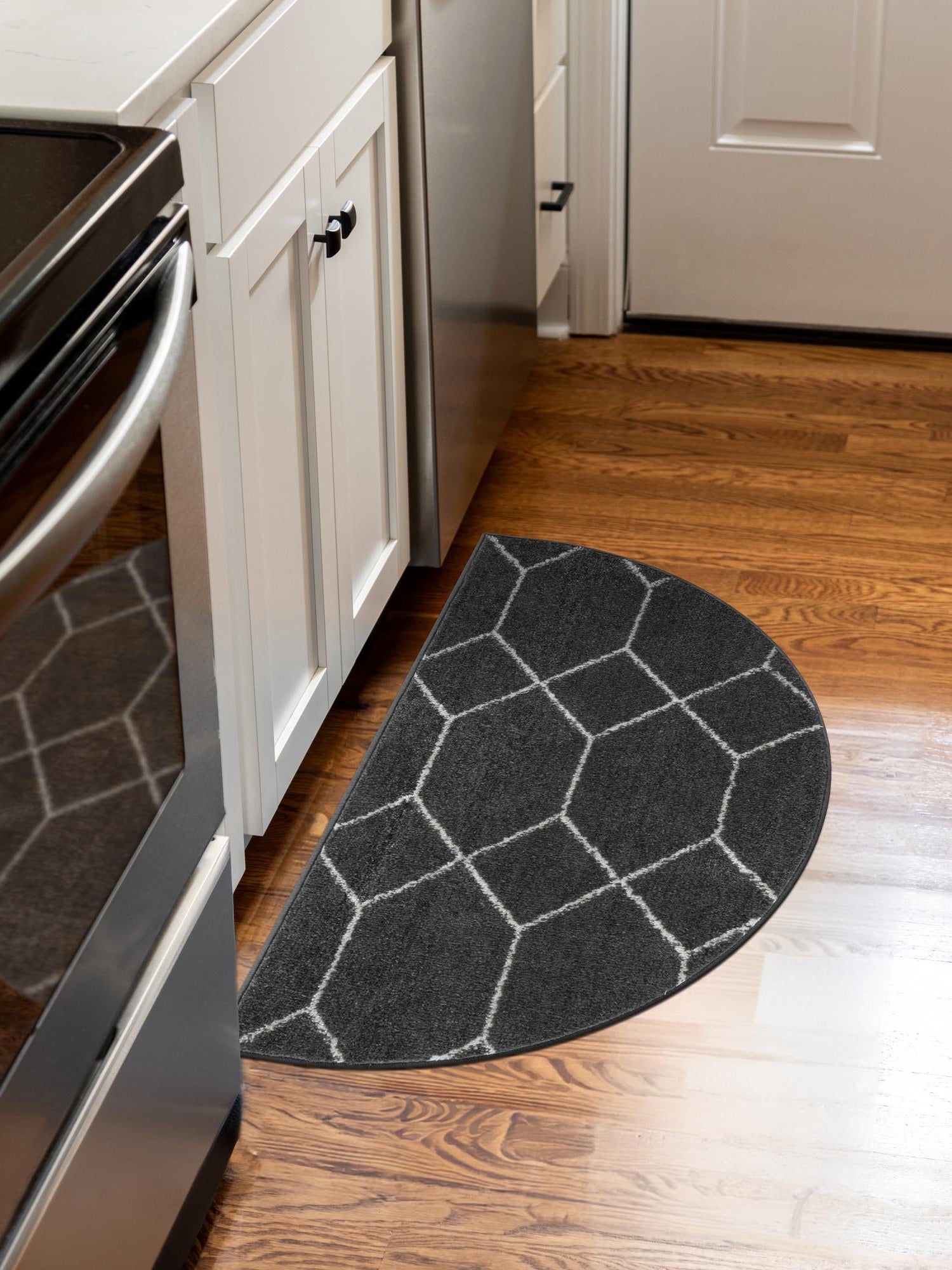 Dark Gray 2' 2 x 3' 7 Trellis Frieze Hearth Half-Round Semicircle Area Rug Geometric Modern Unique Stain Resistant Easy Clean Carpet for Living, Dining, Bedrooms, Office for Sale at Rug Engine