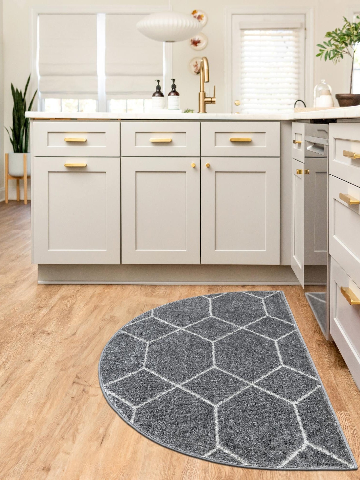 Light Gray 2' 7 x 4' 1 Trellis Frieze Hearth Half-Round Semicircle Area Rug Geometric Modern Unique Stain Resistant Easy Clean Carpet for Living, Dining, Bedrooms, Office for Sale at Rug Engine