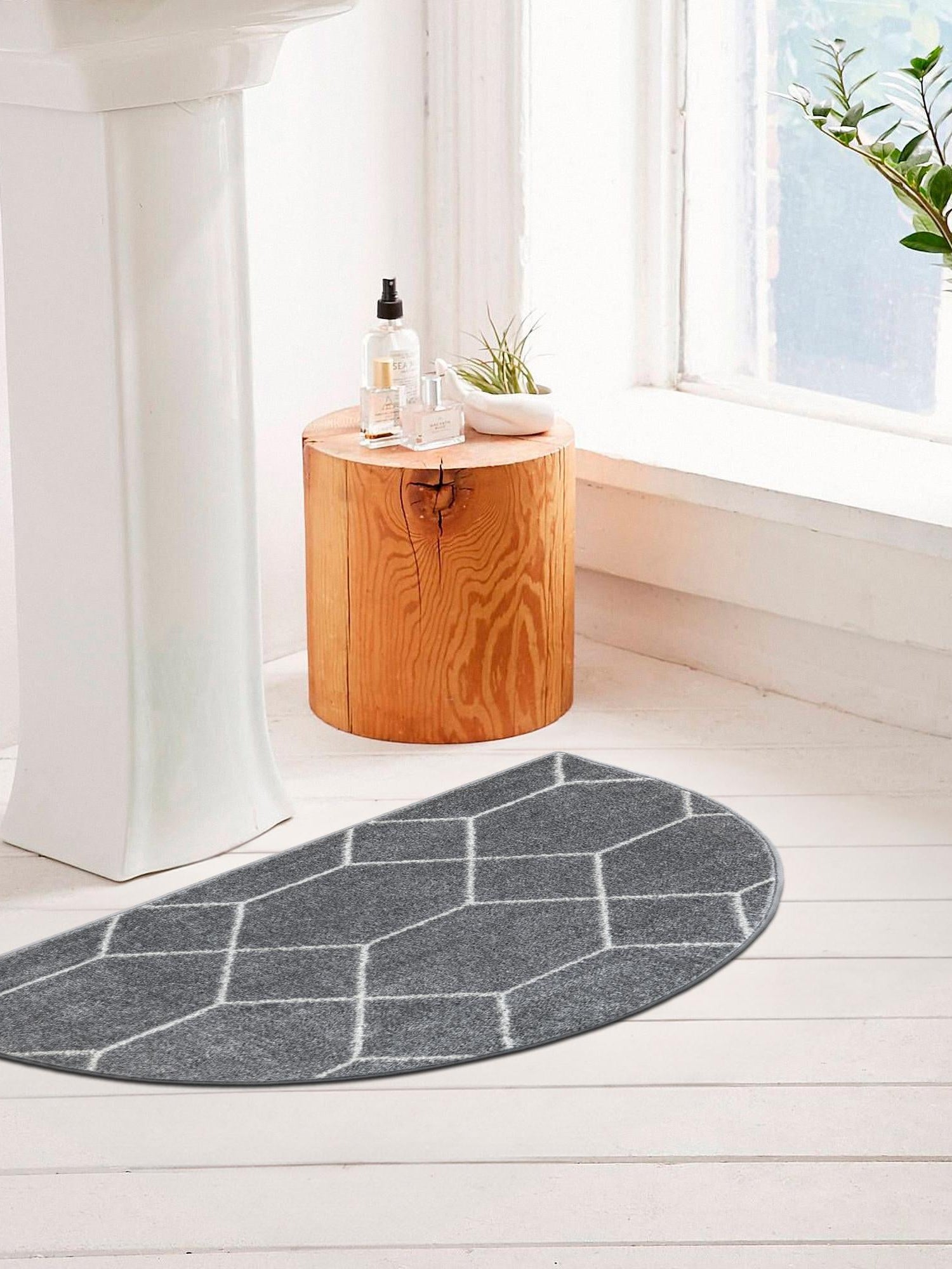 Light Gray 2' 7 x 4' 1 Trellis Frieze Hearth Half-Round Semicircle Area Rug Geometric Modern Unique Stain Resistant Easy Clean Carpet for Living, Dining, Bedrooms, Office for Sale at Rug Engine