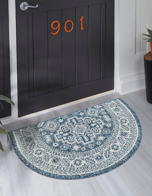 Blue 2' 2 x 3' 7 Outdoor Aztec Hearth Half-Round Semicircle Area Rug Weather Resistant for Patio, Deck, Terrace, Balcony, Porch 100% Polypropylene Traditional Carpet Mat for Sale at Rug Engine