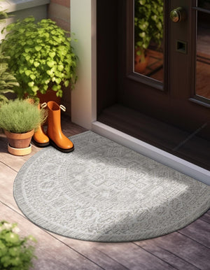 Light Gray 2' 7 x 4' 1 Outdoor Aztec Hearth Half-Round Semicircle Area Rug Weather Resistant for Patio, Deck, Terrace, Balcony, Porch 100% Polypropylene Traditional Carpet Mat for Sale at Rug Engine